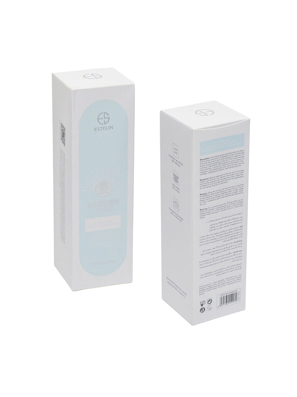  اسپری ضدآفتاب فوق سبک صورت و بدن استلین ESTELIN sunscreen spray SPF 50 پشت و روی جعبه 